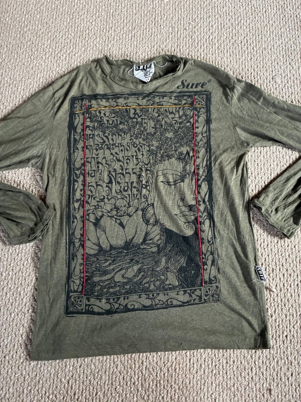 Olive Long Sleeve TShirt Large Sure Design Buddha Lotus